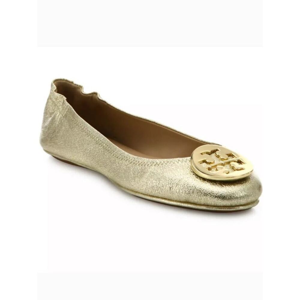 Tory Burch Logo Spark Gold Leather Minnie Travel Ballet Flats Size 5.5M